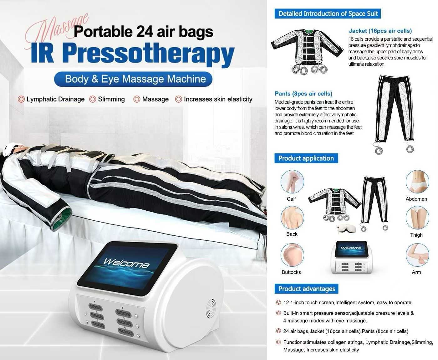 SA09F Portable IR Pressotherapy Machine — Waterproof Jacket & Pants, 24 Airbags with Eye Massager | NEWBELLE