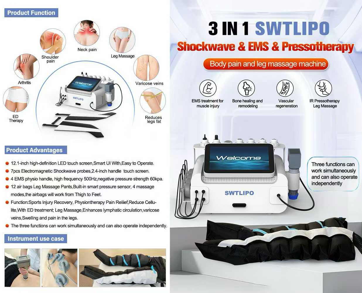 SWTLIPO 3-in-1 Shockwave + EMS + Pressotherapy Machine — Pain Relief, Muscle Recovery & Lymphatic Drainage | NEWBELLE